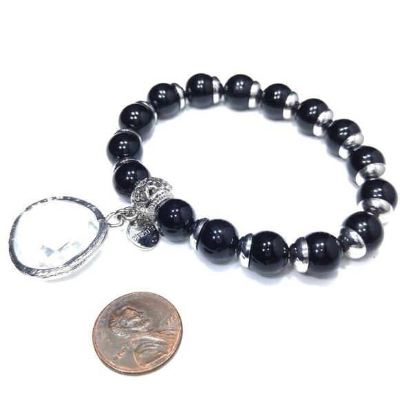 Chico’s Black Beaded Stretch Bracelet Silver Tone Clear Crystal Charm - Picture 8 of 8